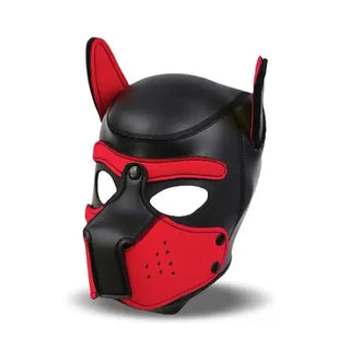 Svart och röd pup play-mask i neopren med öron och nos
