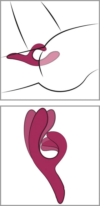 Diagram som visar We-Vibe Nova 2 Rabbitvibrator med en flexibel klitorisstimulator, inklusive en bild av leksaken som används på en kropp och en annan som visar den appstyrda vibratorn ensam.