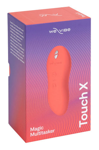 We-Vibe Touch X-vibratorn kommer i en tonad lila och röd "Touch X Magic Multitasker"-förpackning. Denna vattentäta vibrator är designad för mångsidig njutning och enkel användning.