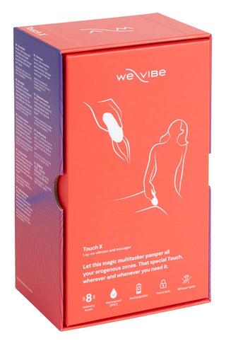 Röd We-Vibe Touch X-låda med en linjeteckning av en kvinna som använder den vattentäta We-Vibe Touch X på framsidan.
