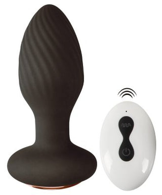 ANOS RC Roterande Buttplug, med en svart strukturerad design, kommer med en trådlös vit fjärrkontroll och erbjuder flera vibrationslägen för en anpassningsbar upplevelse.