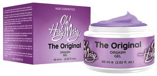 Åh! Holy Mary The Original Orgasmgel från NUEI Cosmetics: En lila kosmetisk burk och låda med text, infunderad med hampfröolja, 60 ml (2,02 fl. oz).