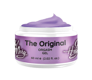 En 60 ml (2,02 fl. oz.) burk med lila Oh! Holy Mary The Original Orgasmgel, infunderad med hampfröolja.