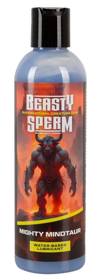 En 250 ml flaska märkt Beasty Sperm Minotaur Glidmedel, med en muskulös minotaurillustration, innehåller vattenbaserat glidmedel och är perfekt för användning med Beasty Cocks sexleksaker.