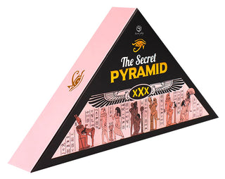 Triangulär låda märkt Erotiskt Spel Pyramid med egyptiskt tema och en rosa sida-ett vuxenspel med Egypten tema för en spännande spelkväll.