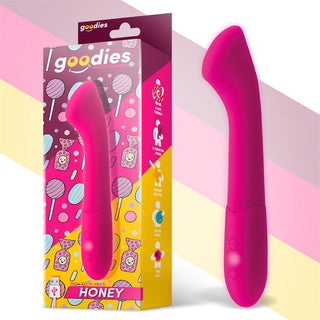 Goodies Honey G-Spot Vibrator är en rosa ergonomisk vuxenleksak gjord av förstklassigt silikon, med livfulla förpackningar med klubbor illustrationer och HONING text. USB-uppladdningsbar för bekvämlighet, den är designad för ultimat G-punkt-stimulering.