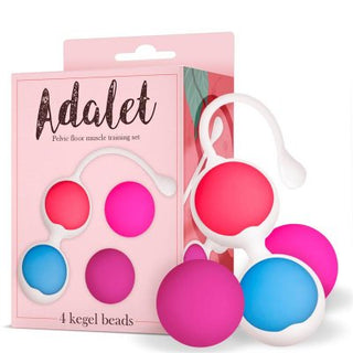 En låda med fyra färgglada kegelpärlor i rosa och blått med vita öglor, kallad Adalet 4-Kit Knipkulor, designad för att förstärka bäckenbottenmuskler och främja intim hälsa.
