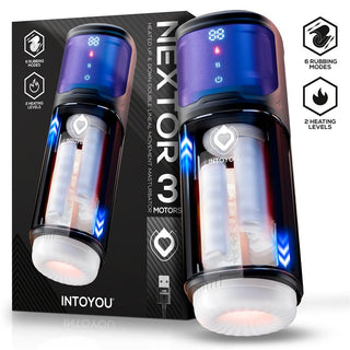 INTOYOU Nextor Värmande Masturbator har en elegant futuristisk design med en LED digital display, levande ljus och innovativa vibrationsfunktioner. Den visas perfekt bredvid sin stilfulla låda, kapslar in den senaste tekniken och användarvänliga funktioner.
