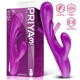 Möt Priya Vibe Rabbitvibrator i livfull lila med trippelmotorteknik och en vändbar tungfunktion. Detta IPX6 vattentäta underverk erbjuder flera lägen för oändlig njutning, allt elegant förpackat för den kräsna användaren.