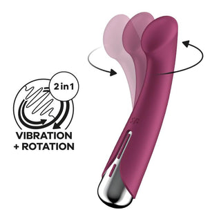 Satisfyer Spinning G-Spot är en rödbrun vattentät vibrator med kraftfulla rotations- och vibrationslägen, designad för intensiv G-punktsstimulering. Märkt "2 i 1 Vibration + Rotation.