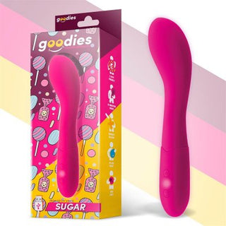 Sugar G-spot Vibrator i premium silikon vilar bredvid livfulla förpackningar med varumärket Goodies, med lekfulla godisbilder.