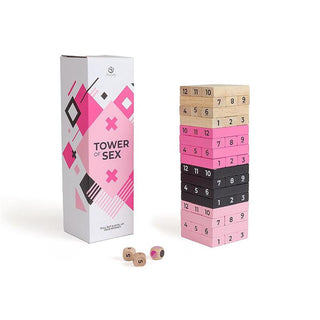 Erotiskt Jenga Spel för Par i rosa, svart och trälook med tärning och box-perfekt för dig som vill ha ett erotiskt spel med spännande sexuppdrag.