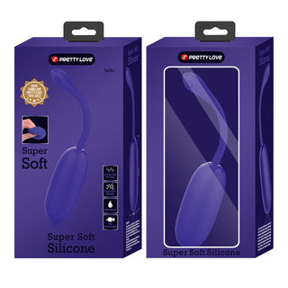 Julius Lila Vibratoräggs förpackning är lila och har produktbilder med text som framhäver dess mjukhet. Den lyfter fram 12 vibrationsprogram, en motor, mjukt silikonmaterial och har en vattentät-design.