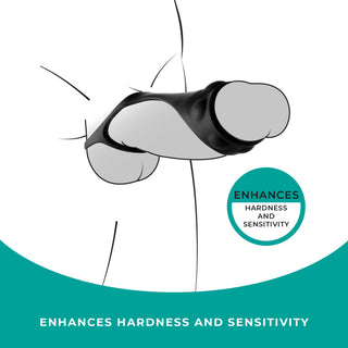 Illustration av Svart Silikon Penisrem med Pungstöd, en svart manlig förstärkarfodral designad för extra komfort och stöd. Ökar hårdhet och känslighet.