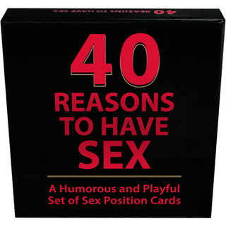 Svart låda med fet röd text: 40 Sexkort Med Ställningar. En lekfull och humoristisk sexpresent - dessa sexiga positionskort väcker skratt och lust i sovrummet.