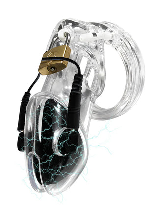 Electro Cock Cage har en tydlig design, hänglås i mässing och anslutna elektriska ledningar för illustrerade gnistor - perfekt för dominans- och underkastelselek eller elektrisk stimulering av peniskorg.