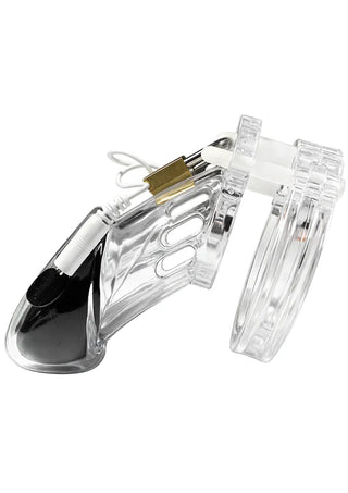 Electro Cock Cage är en genomskinlig plast och svart manlig kyskhetsanordning med ett integrerat lås och vit kabel, perfekt för dominans / underkastelse eller elektropenisstimulering.