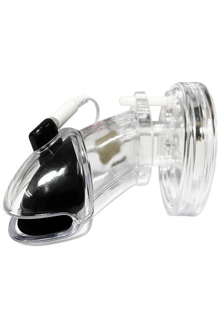 Electro Cock Cage är en manlig kyskhetsanordning i genomskinlig plast med svart lås och kabelanslutning, perfekt för elektrisk stimulering av peniskorg under dominans- och underkastelselekar.