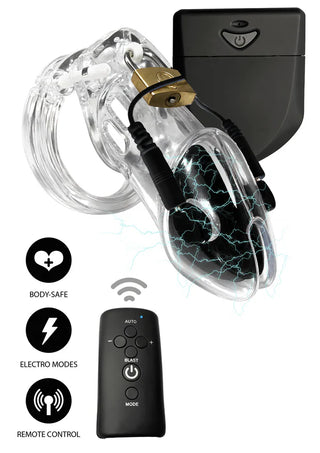 Electro Cock Cage är en transparent enhet med elektroder, lås, fjärrkontroll och ikoner för säkerhets- och elektrolägen - perfekt för dominans- och underkastelselek eller stimulering med elektrisk penisbur.