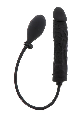 PumpUp Inflatable Dildo är en svart, fallisk formad vuxenleksak gjord av texturerat silikon, med en röransluten handhållen pump för exakt manuell uppblåsning.