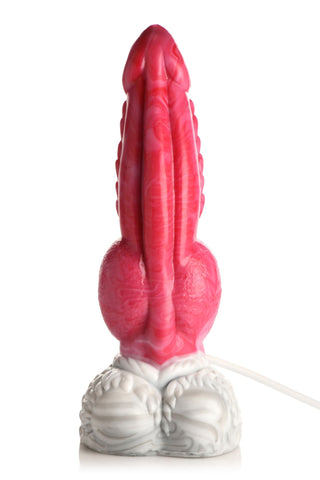 Resurrector Squirting Dildo är en rosa och vit silikondildo med en texturerad yta, skulpterad design och trådbunden bas, visad mot en vit bakgrund.