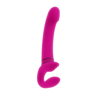 Evolved Novelties Strapless Strapon är en rosa, axelbandslös vibrator tillverkad av kroppssäkert silikon med en böjd, ergonomisk design och kontrollknappar på sidan.