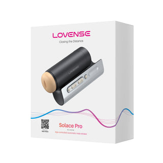Vit kartongförpackning för Lovense Solace Pro 2, en automatisk masturbator med appkontroll, med produktbild och logotyp.