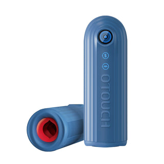 Två blå OTOUCH Submarine Masturbators, en upprätt och en liggande, har en röd insida och texturerad yta, och erbjuder en vattentät design med 360° sammandragning för ökad njutning.