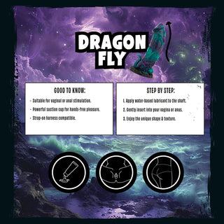 Upplev färgstark fantasi med Mythical Mates Dragonfly Dildo 22 cm, tillverkad av kroppssäkert silikon. Har en sugkopp för handsfree-skoj, tydliga instruktioner och lekfulla ikoner för att vägleda ditt äventyr.