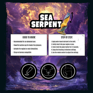 Mythical Mates Sea Serpent Dildo 26 cm, tillverkad av kroppssäkert silikon, har en kraftfull sugkoppsbas, användbara användningstips, steg-för-steg-instruktioner och tydliga illustrativa ikoner i förpackningen med fantasy-tema.