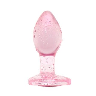Elegant hjärtformad glas Buttplug, 7 cm, i rosa med vattendroppsdesign, visas upprätt mot en vit bakgrund. Perfekt för temperaturlek och för att göra din samling mer sofistikerad.