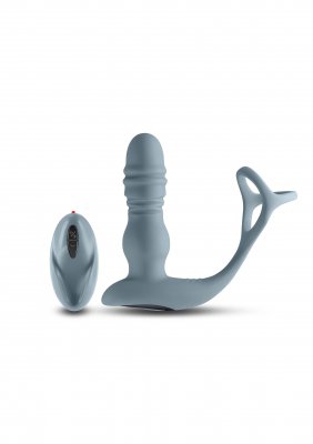 NS Novelties Renegade är en prostatanmassager i grå silikon med ett valsvanshandtag och kommer med en trådlös fjärrkontroll för enkla justeringar.