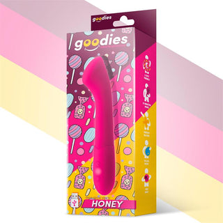 Goodies Honey G-Spot Vibrator har ett livfullt paket med godis-tema med premium silikondetaljer för en lyxig touch. Boxen framhäver dess USB uppladdningsbar funktion för bekvämlighet och G-punkt stimulering för ökad njutning.
