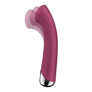 Satisfyer Spinning G-Spot, en rödbrun böjd vattentät vibrator med rörelseoskärpa effekt, visas i olika lutade positioner på en vit bakgrund för att framhäva dess roterande och vibrerande funktioner.