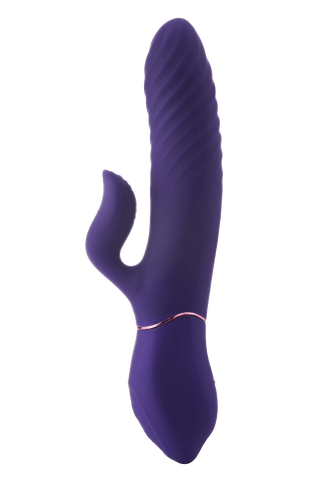 Rabbit Med Värme I Toppen, en lila, texturerad vibrator med böjd sidofäste, visas på en enkel bakgrund.