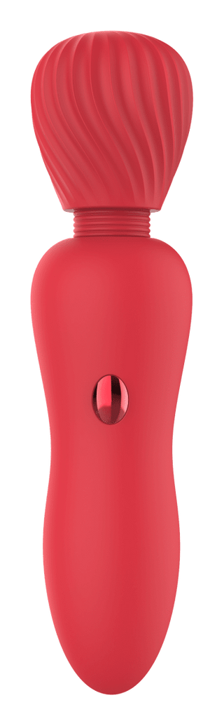 Magic Of Love Wonderful Wand Kit är en röd handhållen massageapparat med en strukturerad topp och smidig ergonomisk kropp, perfekt för lugnande avkoppling.