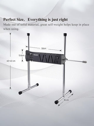 Diagram över Hismith Premium Pro Servok Sexmaskins metallstödstruktur med mått: höjd 40-60 cm, bredd 50 cm, och bas 35 cm. Har KlicLok-kopplingssystem för säker anslutning. Bildtext: Perfekt storlek, allt är precis rätt, med betoning på strukturens vikt och material.