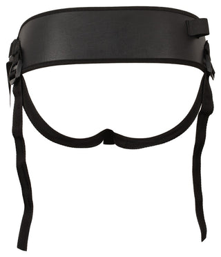 Ett svart strumpebandsbälte sett bakifrån, tillverkat av slätt material med justerbara klämmor och elastiska remmar, kombineras elegant med "Strap-on Set med 3 Silikondildos" för ökad mångsidighet.