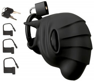 Black Velvets Kyskhetsbur, med en skulpterad design och matt finish, inkluderar ett robust hänglås, tre storlekar av silikonringar och kommer med två nycklar för bekväm åtkomst.