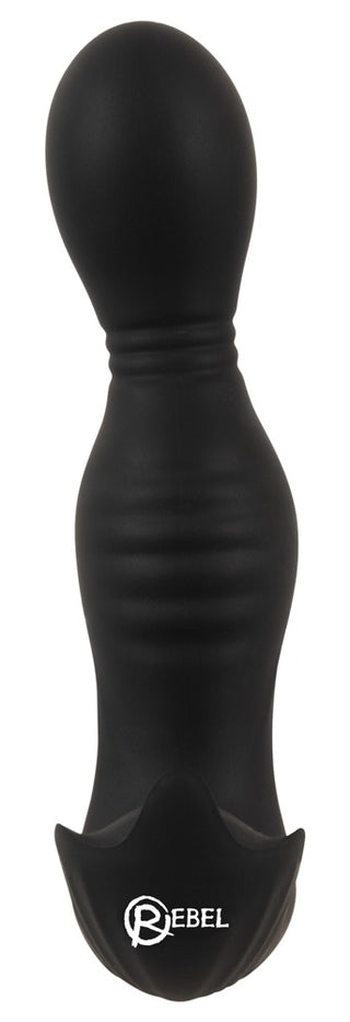 En svart, lökformad RC Buttplug 2 Funktioner har en strukturerad mitten, utsvängd bas och ordet "Rebel". Det är en dubbelmotorisk analvibrator designad för att förbättra din upplevelse.