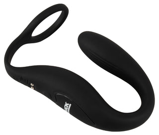 Svart, böjd silikonenhet med dubbla ringar med slät finish och kontrollknapp, med dubbelmotorer för förbättrad prestanda. Produktnamn: Kukring med RC buttplug.