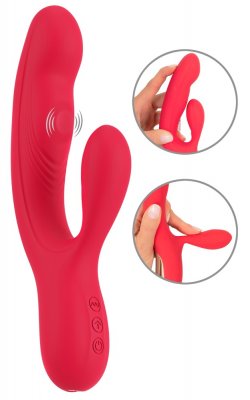 Thumping Rabbitvibrator i rött silikon erbjuder dubbelstimulering med sitt böjda skaft och externa stimulator. Dess flexibla design accentueras av två cirkulära infällningar, och baskontrollknapparna ger enkel användning.