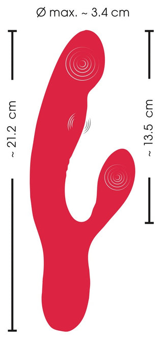 Thumping Rabbitvibrator, visad i rött, har dubbel stimulering och en pulserande funktion. Den mäter cirka 21,2 cm lång med en maxdiameter på 3,4 cm; den kortare armen är cirka 13,5 cm lång, med cirkulära markeringar som indikerar dubbla vibrationspunkter på båda armarna.