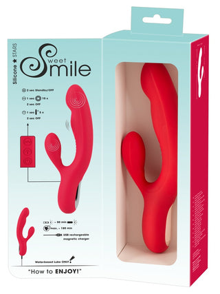 Thumping Rabbitvibrator" i rött silikon erbjuder en dubbel vibrationsupplevelse med sin avancerade design. Den har USB uppladdningsbar magnetisk laddning, olika hastighetsinställningar och kommer med detaljerade instruktioner och produktmått för din bekvämlighet.