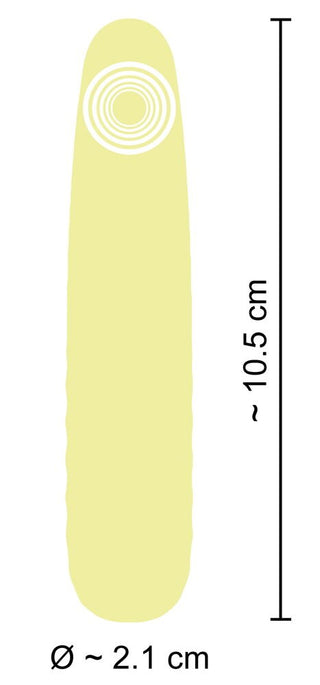 Diagram över ett gult, avlångt ovalt föremål märkt som "Mini Vibrator Cuties Gul", som mäter cirka 10,5 cm i längd och 2,1 cm i diameter. Den har en cirkulär toppdesign med upphöjda sektioner längst ner till vänster och inkluderar en USB-laddningskabel för bekvämlighet.