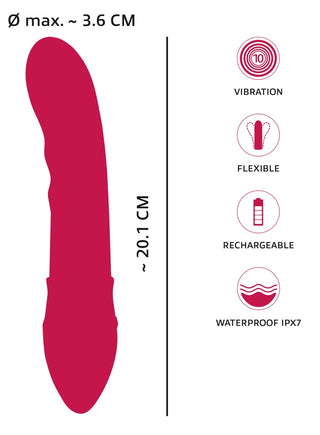Illustration av Showers to Orgasm Duschvibrator i rosa med ikoner för vibration, flexibilitet, vattentätt och uppladdningsbar funktion samt 10 intensiva vibrationslägen.
