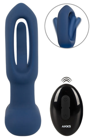 RC Flicking Tongue Analvibrator är en blå silikonvibrerande leksak med en öppen mittdesign, tillsammans med en elegant svart fjärrkontroll för enkel användning. En cirkulär infällning framhäver denna mångsidiga nöjesanordning.