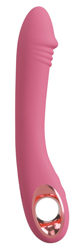 Vi introducerar Slim G-Spot Vibrator Rose, en elegant rosa vibrator med en böjd design och ett metalliskt ringhandtag. Tillverkad av silkeslen silikon, det är vattentät för mångsidig njutning.