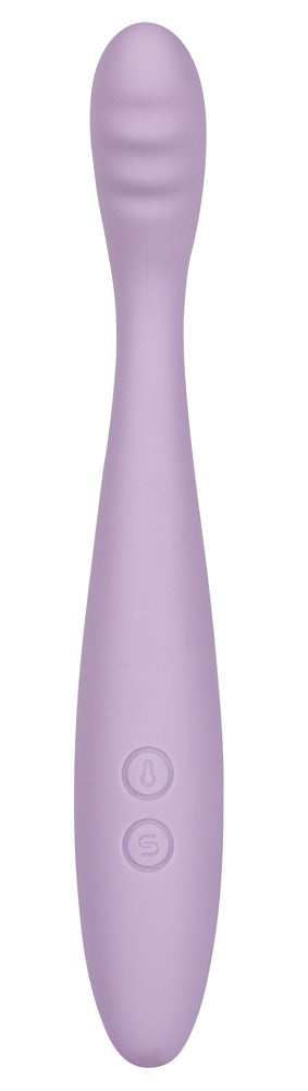 Svakom Cici 2 Vibrator är en lila, långsträckt silikon G-punktsvibrator med en rundad spets och två sidoknappar: en med en strömsymbol och den andra med ett S. Den är designad för att vara flexibel och kompatibel med SVAKOM-appen för förbättrad kontroll.