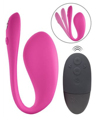 WeVibe Jive 2 är en rosa, ergonomisk bärbar vibrator med vibrokulor som visas i tre vinklar, med fjärrkontroll via en svart kontroller eller app för bekvämlighet.